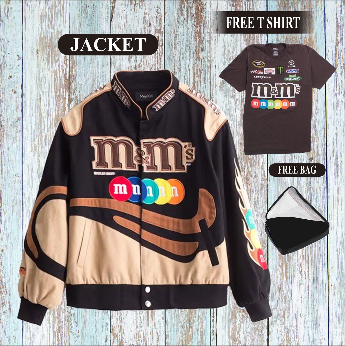 Vintage RARE Brown/Cream M&M's Racing Team Nascar Jacket (FREE T-shirt, FREE Bag)