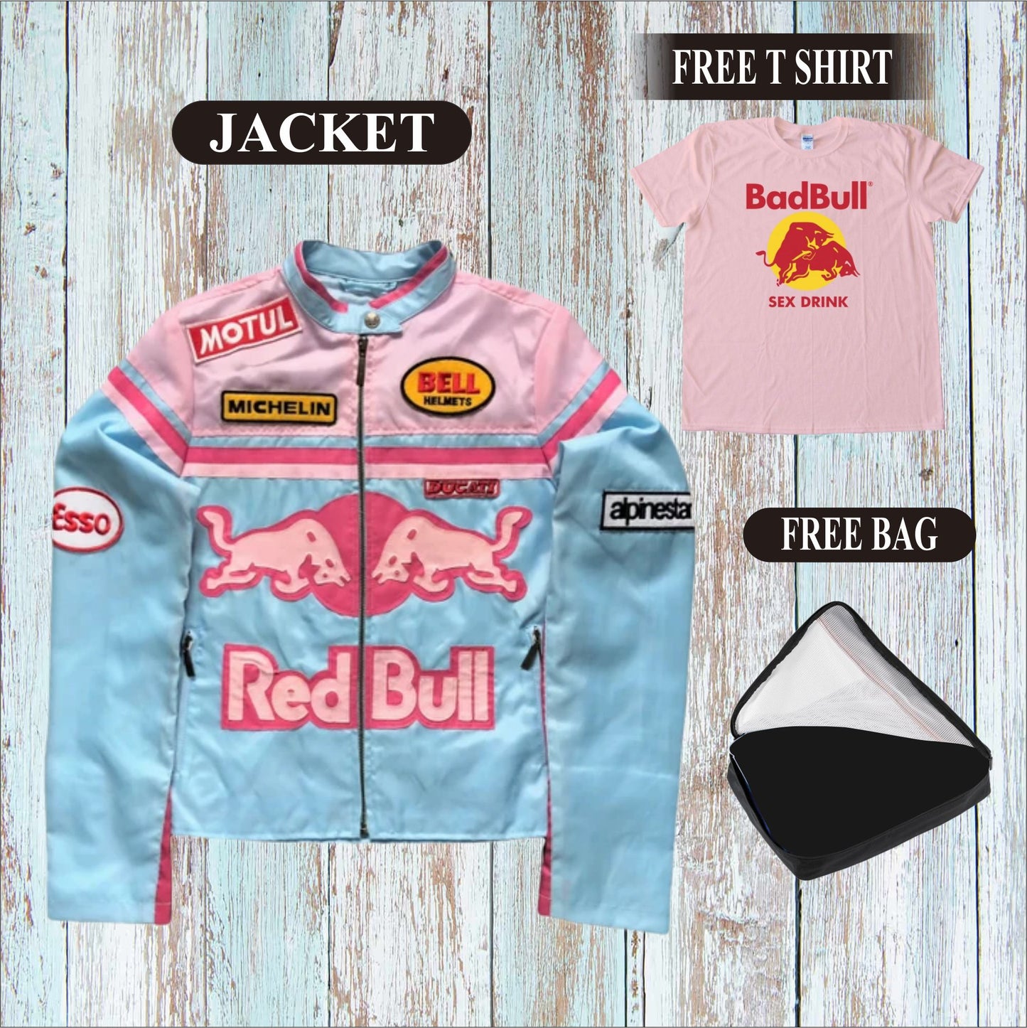 Retro and Groovy Y2k Pink & Blue Red Bull Race Jacket (FREE T-shirt, FREE Bag)