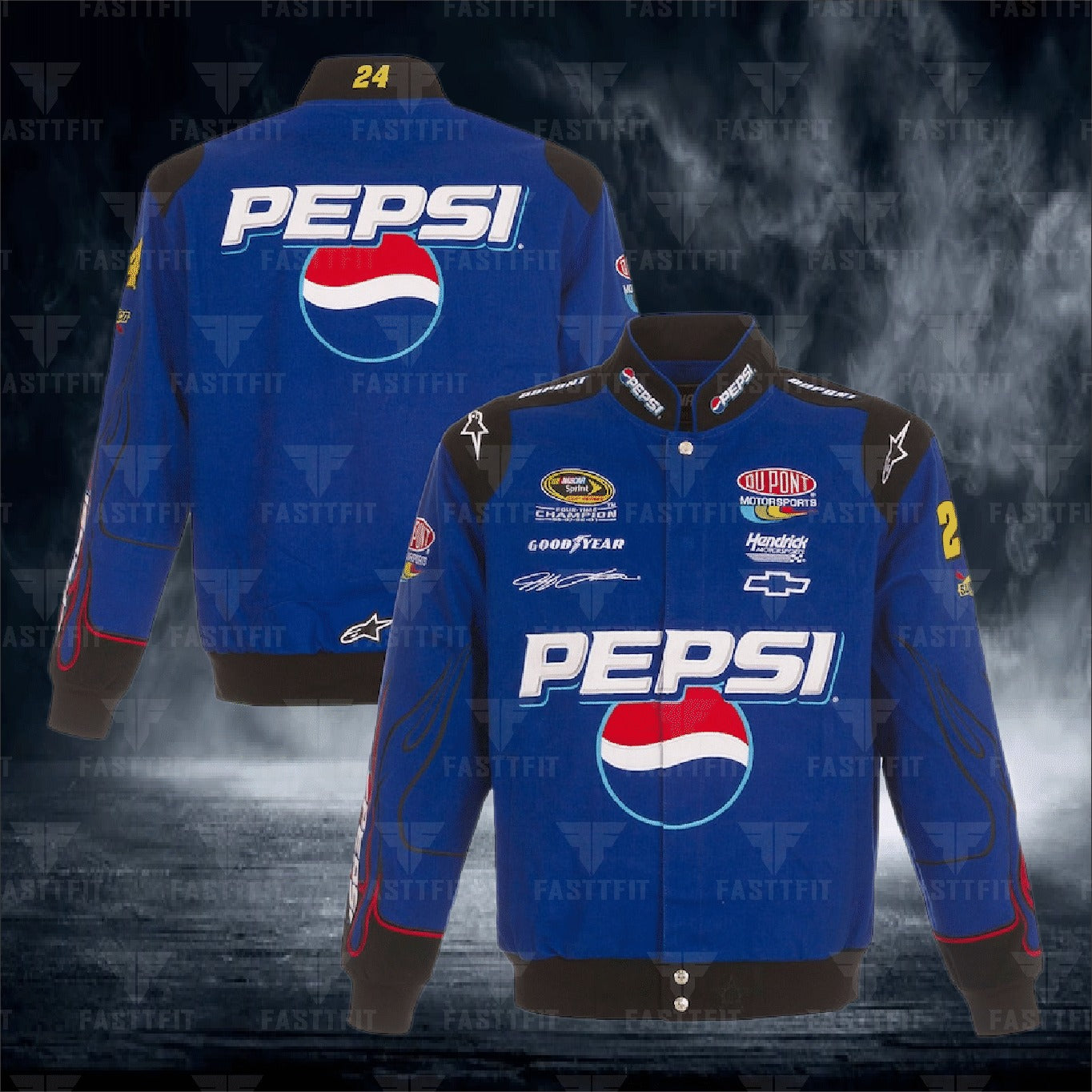 JH Design Royal Jeff Gordon Pepsi Twill Driver Uniform Full-Snap Jacket (FREE T-shirt, FREE Beanie Cap, FREE Scarf, FREE Bag)