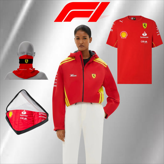 2024 women Ferrari formula 1 jacket, F1 free t-shirt, and free neck gator