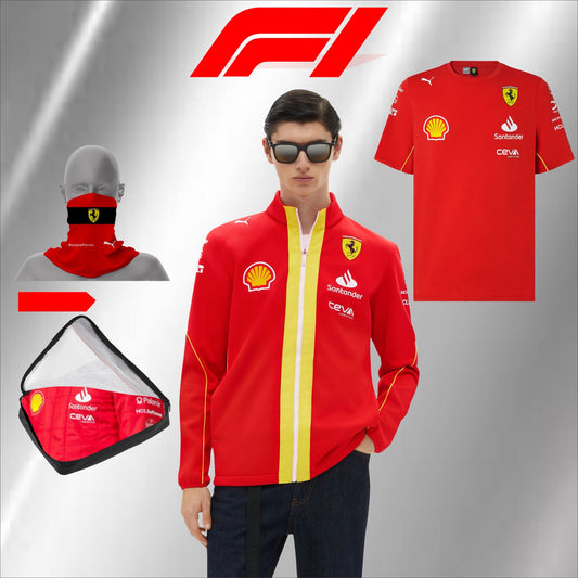 Scuderia Ferrari F1 2024 Team Softshell Jacket. (Ferrari F1 t-shirt, neck gator & Bag.)