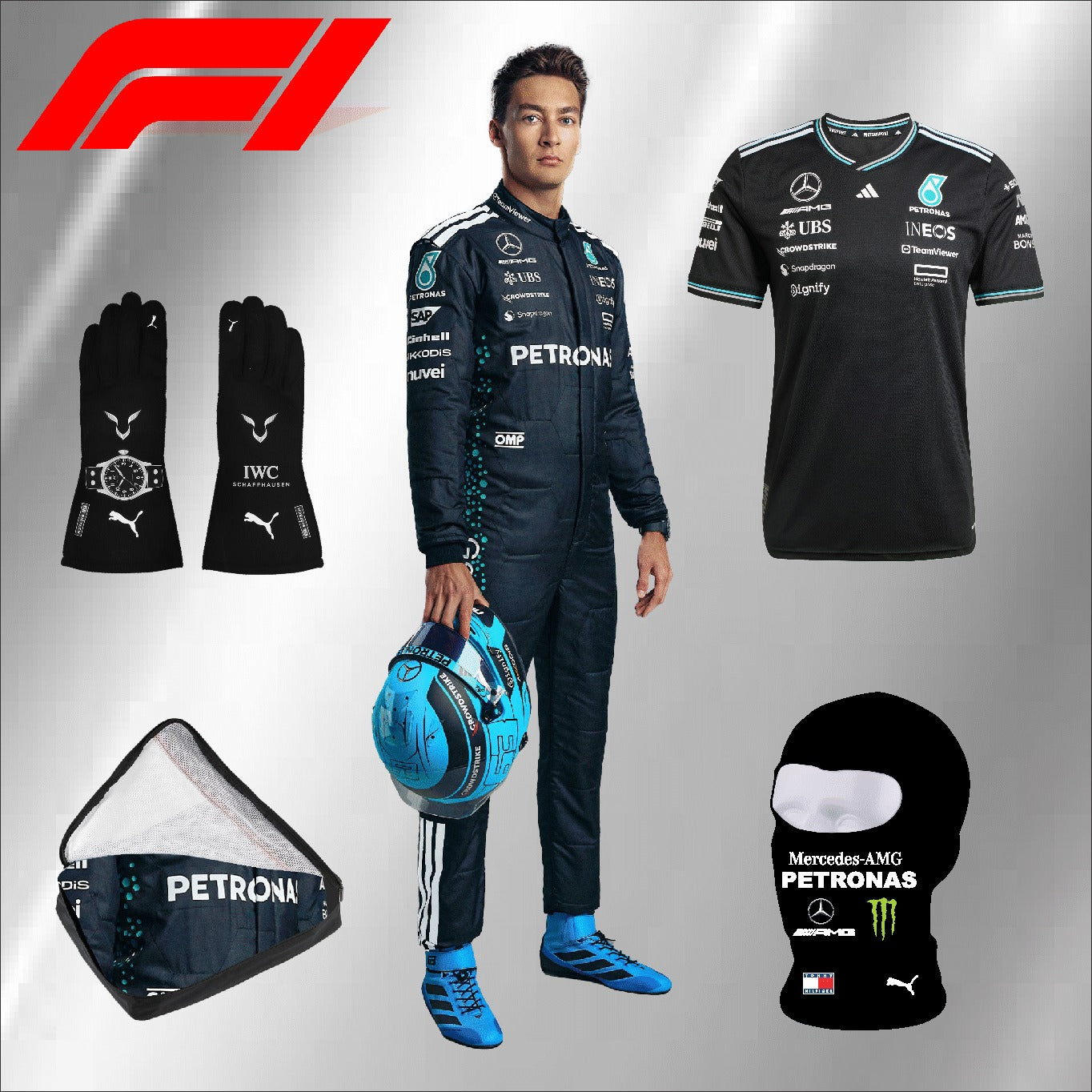 2025 go karting suit George Russell, Mercedes Petronas race suit. (PACKAGE DEAL)