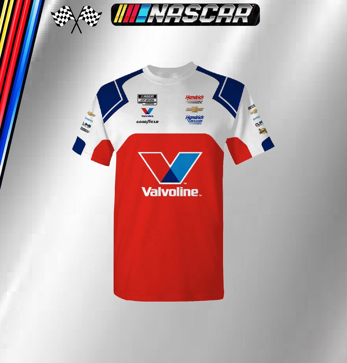 JH Design Black/Red Kyle Larson Valvoline Driver Uniform Full-Snap Racing Jacket (FREE T-shirt, FREE Bag)