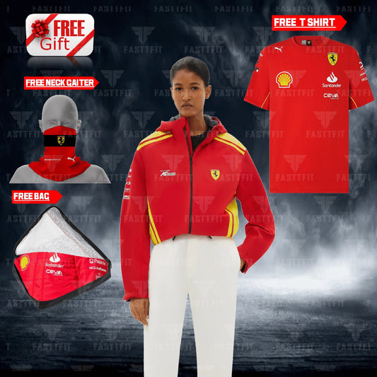 2024 women Ferrari formula 1 jacket, F1 free t-shirt, and free neck gator