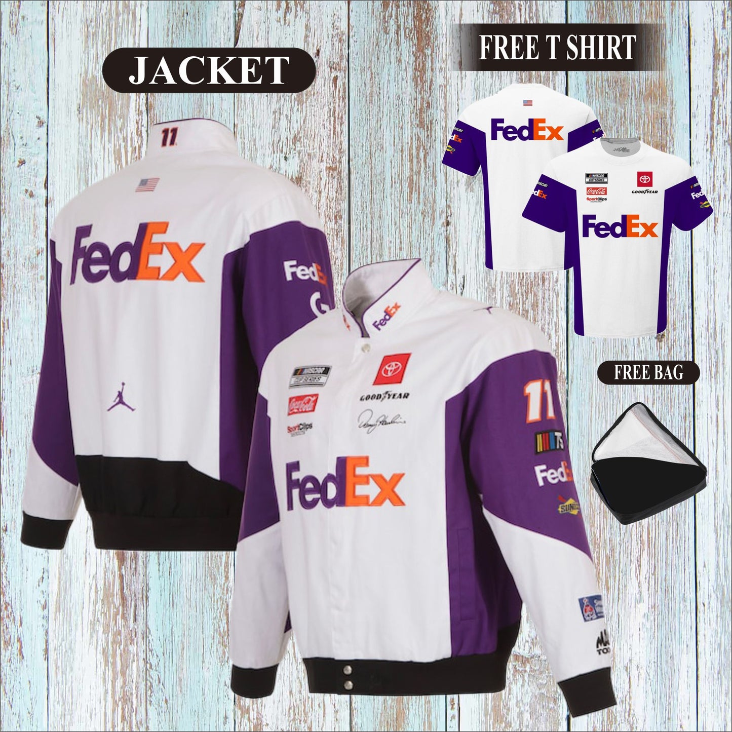 UNISEX Denny Hamlin White FedEx Full-Snap Pit Jacket (Free T-Shirt, Free Bag)