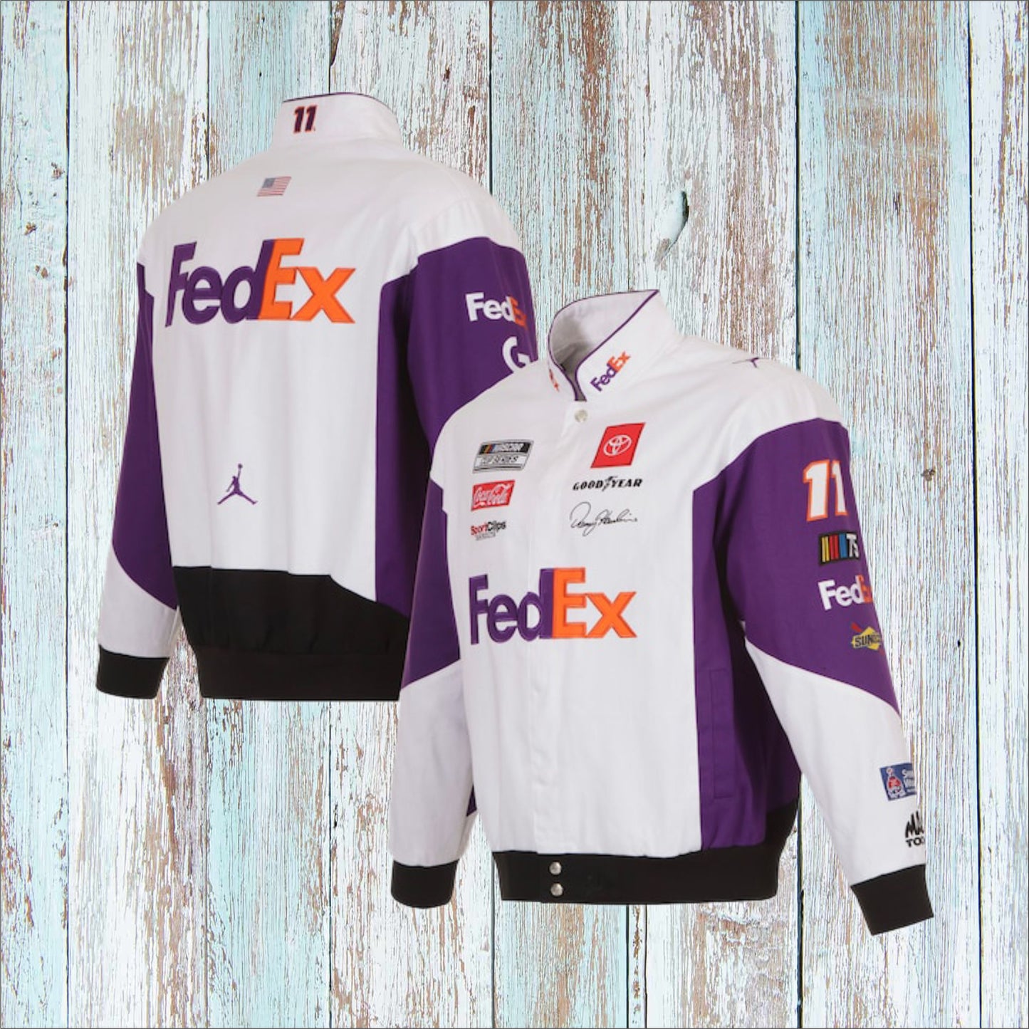 UNISEX Denny Hamlin White FedEx Full-Snap Pit Jacket (Free T-Shirt, Free Bag)