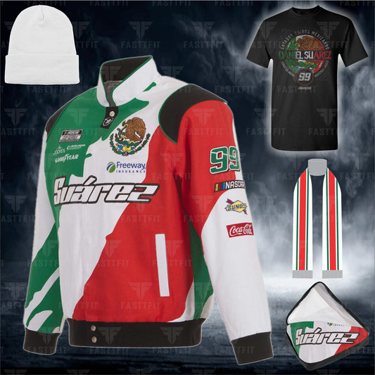 Men's JH Design White/Black Daniel Suarez Freeway Insurance Twill Driver Uniform Full-Snap Jacket. (FREE T-shirt, FREE Beanie Cap, FREE Scarf, FREE Bag)