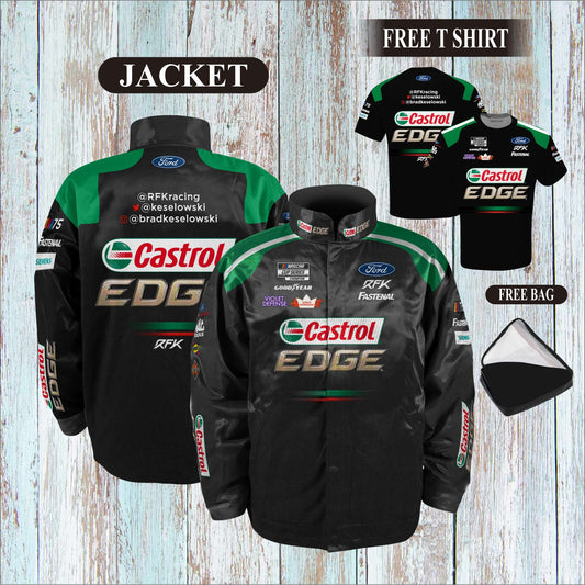 Brad Keselowski RFK Racing Black Castrol Edge Nylon Uniform Full-Snap Jacket (FREE T-shirt, FREE Bag)