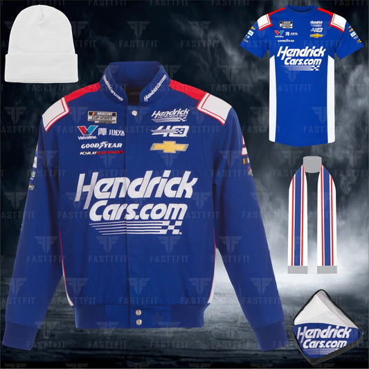 JH Design Royal Kyle Larson HendrickCars Twill Driver Uniform Full-Snap Jacket. (FREE T-shirt, FREE Beanie Cap, FREE Scarf, FREE Bag)