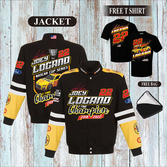 Joey Logano JH Design Black Two-Time NASCAR Cup Series Champion Twill Full-Snap Jacket (FREE T-shirt, FREE Bag)