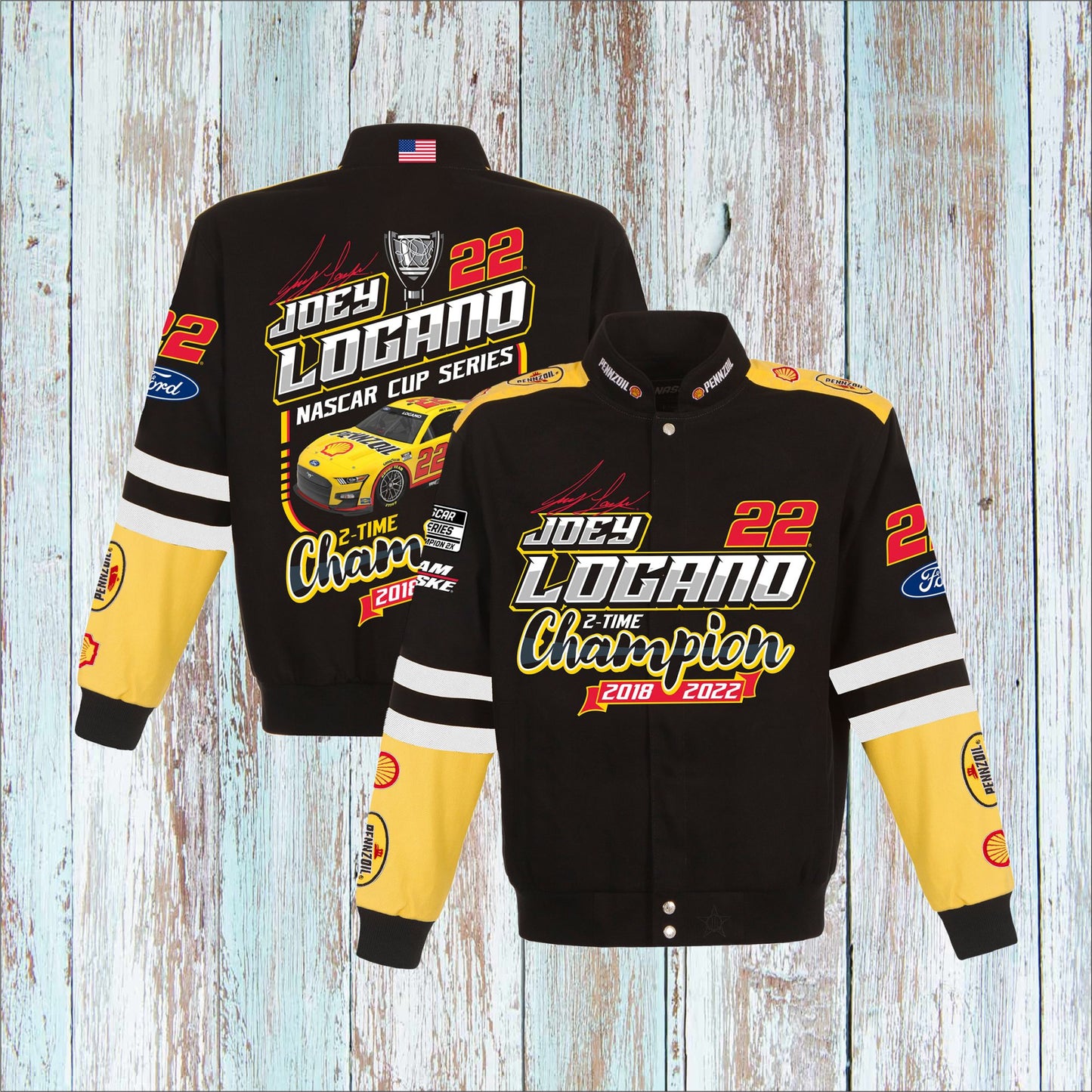 Joey Logano JH Design Black Two-Time NASCAR Cup Series Champion Twill Full-Snap Jacket (FREE T-shirt, FREE Bag)