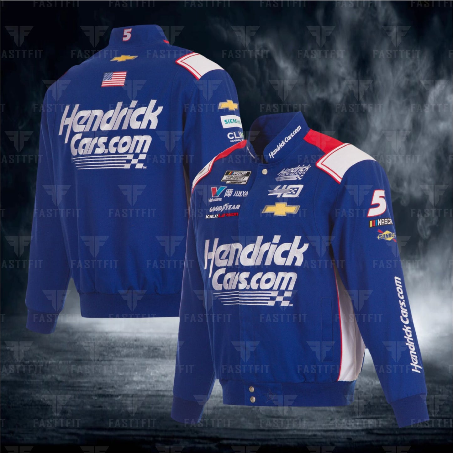 JH Design Royal Kyle Larson HendrickCars Twill Driver Uniform Full-Snap Jacket. (FREE T-shirt, FREE Beanie Cap, FREE Scarf, FREE Bag)