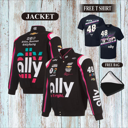 Alex Bowman JH Design Black ally Twill Driver Uniform Full-Snap Jacket (Free T-Shirt, Free Bag)