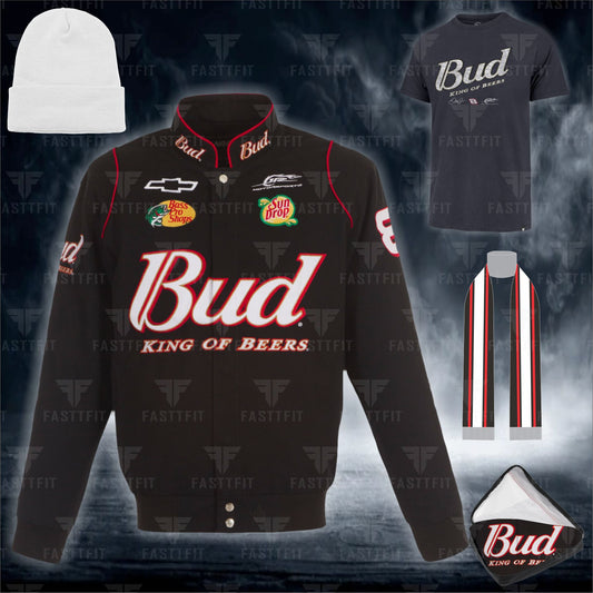 Dale Earnhardt Jr. JH Design Black Budweiser Full-Snap Twill Jacket. (FREE T-shirt, FREE Beanie Cap, FREE Scarf, FREE Bag)