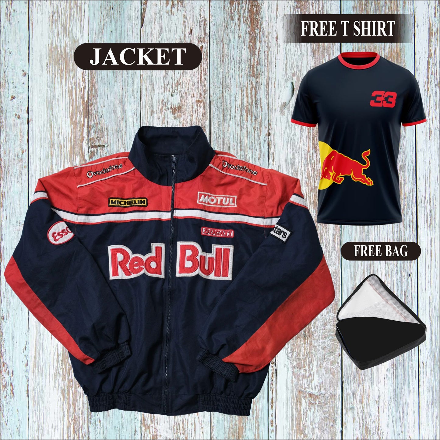 Red Bull Michelin Ducati Vodafone Vintage racer Jacket. (Free T-Shirt, Free Bag)