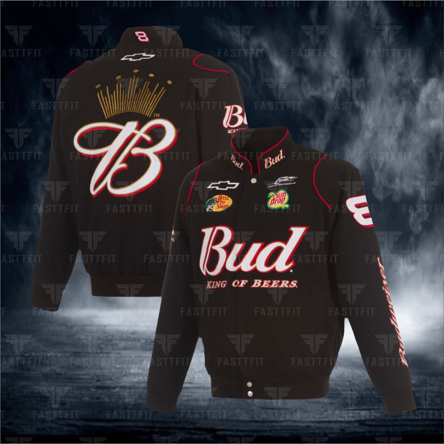 Dale Earnhardt Jr. JH Design Black Budweiser Full-Snap Twill Jacket. (FREE T-shirt, FREE Beanie Cap, FREE Scarf, FREE Bag)