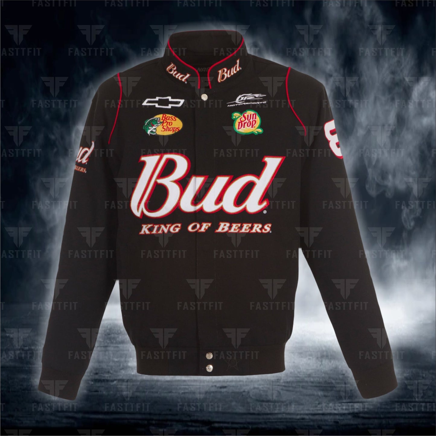 Dale Earnhardt Jr. JH Design Black Budweiser Full-Snap Twill Jacket. (FREE T-shirt, FREE Beanie Cap, FREE Scarf, FREE Bag)