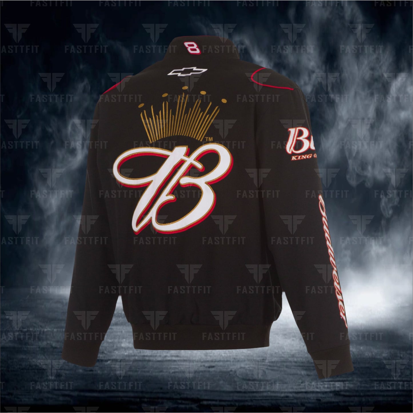 Dale Earnhardt Jr. JH Design Black Budweiser Full-Snap Twill Jacket. (FREE T-shirt, FREE Beanie Cap, FREE Scarf, FREE Bag)