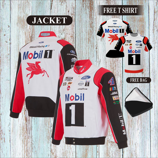 Kevin Harvick JH Design Mobil 1 Twill Driver Uniform Full-Snap Jacket - White/Black (Free T-Shirt, Free Bag)