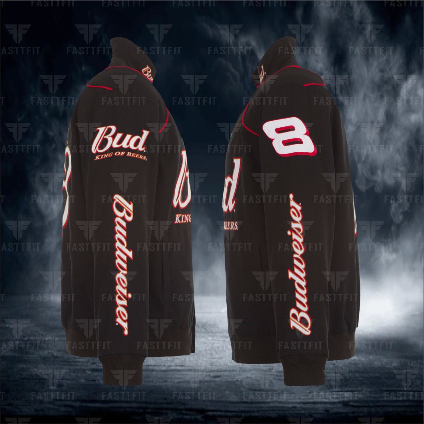 Dale Earnhardt Jr. JH Design Black Budweiser Full-Snap Twill Jacket. (FREE T-shirt, FREE Beanie Cap, FREE Scarf, FREE Bag)