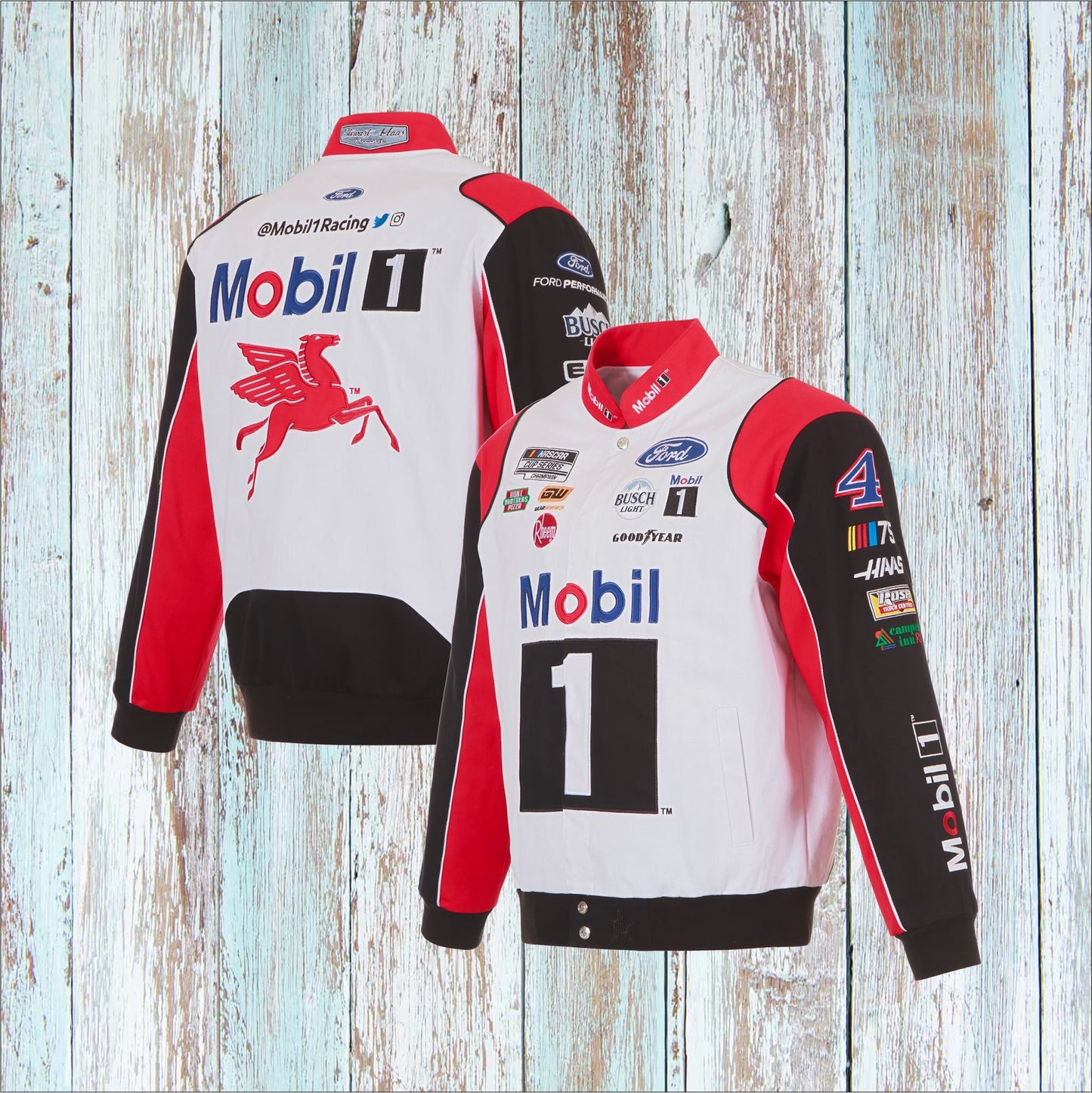 Kevin Harvick JH Design Mobil 1 Twill Driver Uniform Full-Snap Jacket - White/Black (Free T-Shirt, Free Bag)