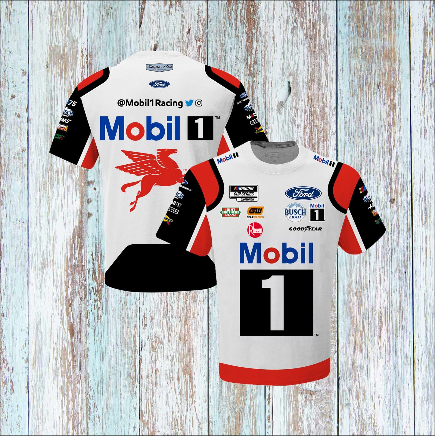 Kevin Harvick JH Design Mobil 1 Twill Driver Uniform Full-Snap Jacket - White/Black (Free T-Shirt, Free Bag)