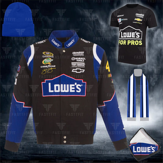 Jimmie Johnson JH Design Lowe's Twill Driver Uniform Full-Snap Jacket – Black. (FREE T-shirt, FREE Beanie Cap, FREE Scarf, FREE Bag)