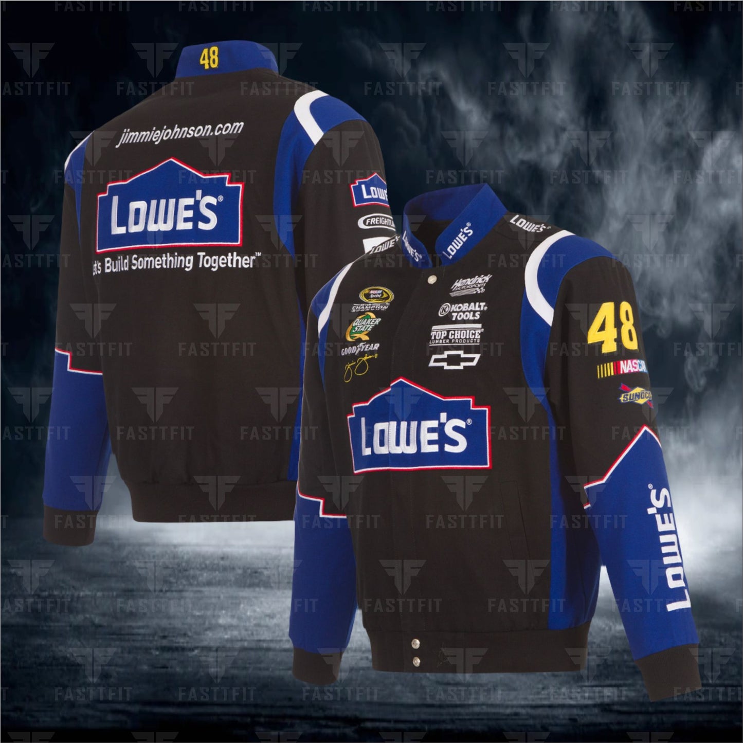 Jimmie Johnson JH Design Lowe's Twill Driver Uniform Full-Snap Jacket – Black. (FREE T-shirt, FREE Beanie Cap, FREE Scarf, FREE Bag)