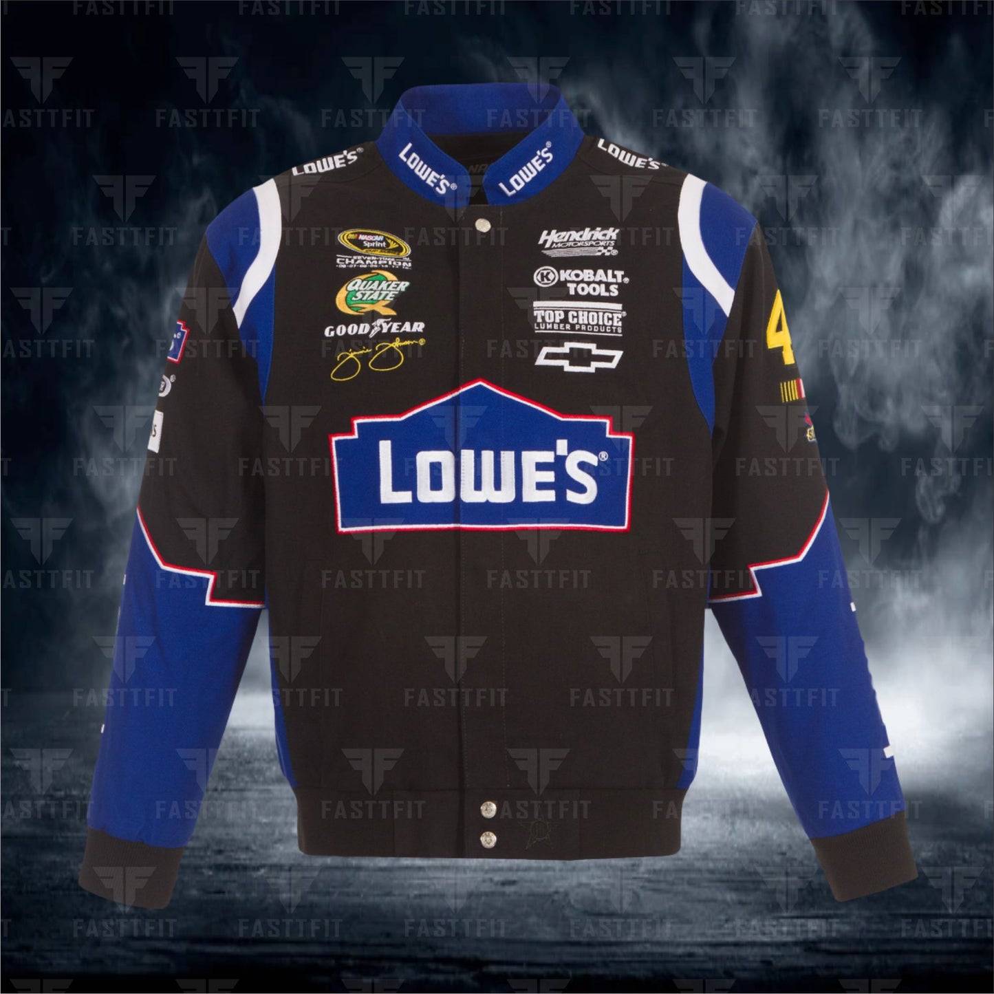 Jimmie Johnson JH Design Lowe's Twill Driver Uniform Full-Snap Jacket – Black. (FREE T-shirt, FREE Beanie Cap, FREE Scarf, FREE Bag)