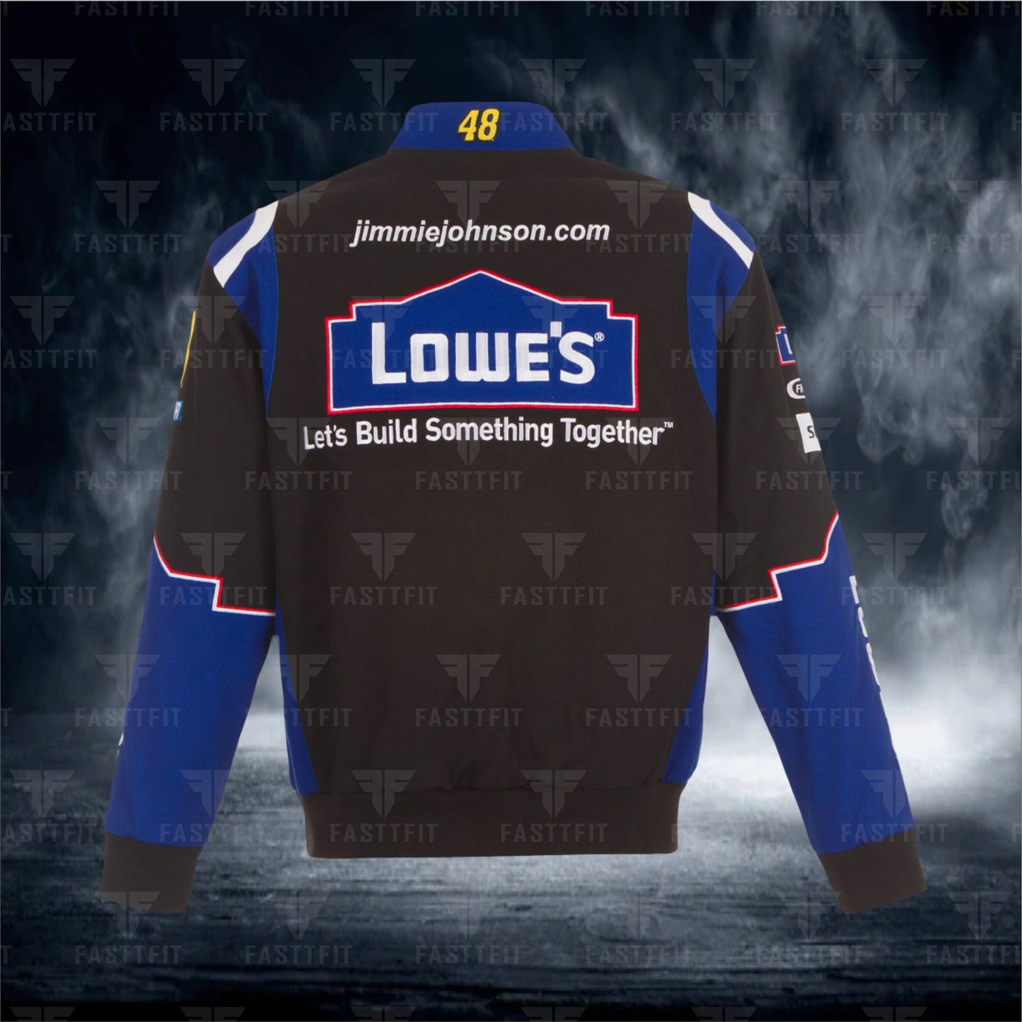 Jimmie Johnson JH Design Lowe's Twill Driver Uniform Full-Snap Jacket – Black. (FREE T-shirt, FREE Beanie Cap, FREE Scarf, FREE Bag)