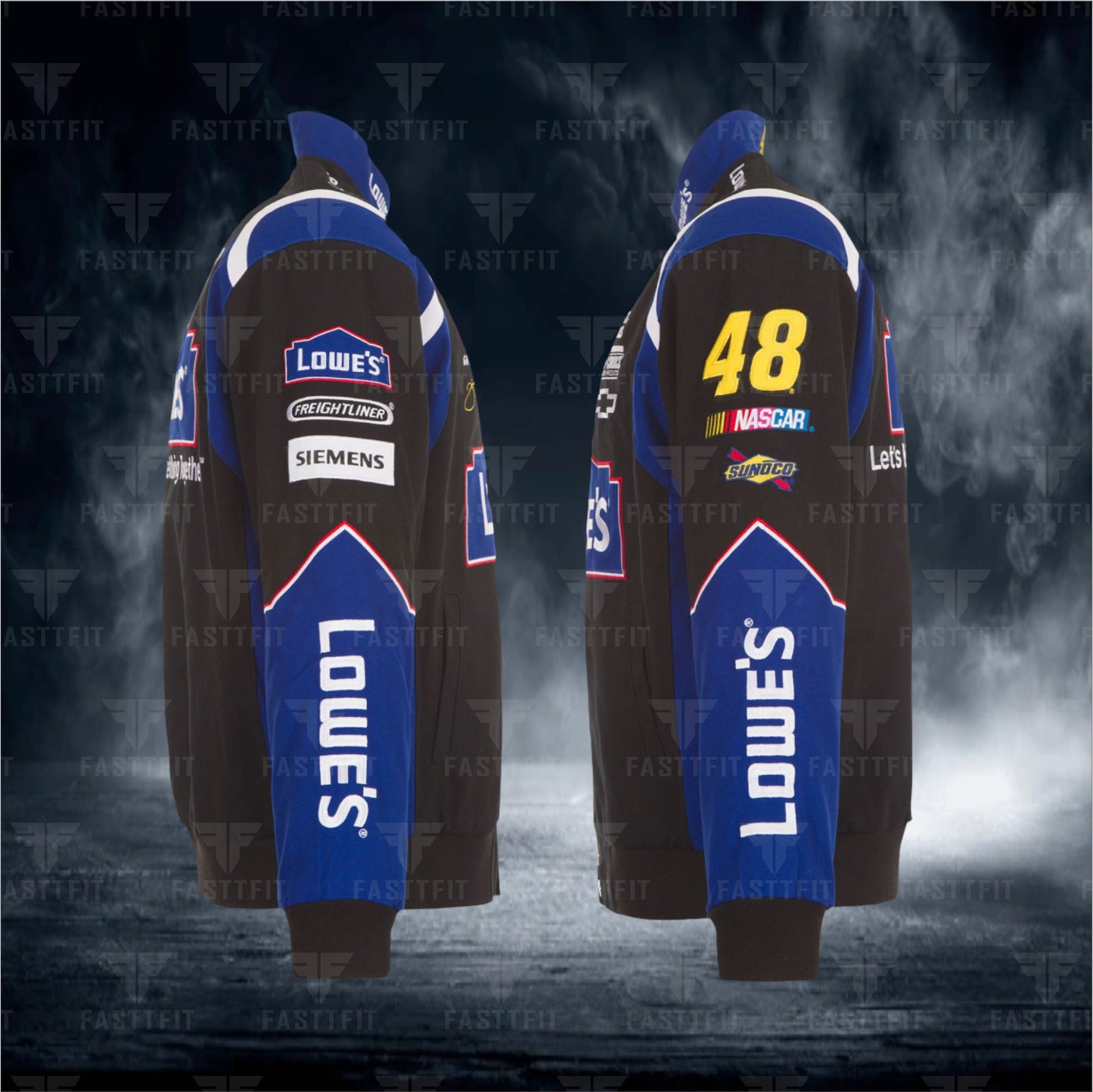 Jimmie Johnson JH Design Lowe's Twill Driver Uniform Full-Snap Jacket – Black. (FREE T-shirt, FREE Beanie Cap, FREE Scarf, FREE Bag)