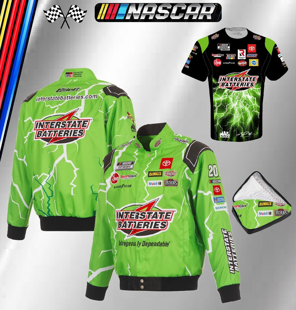JH Design Green Christopher Bell Interstate Batteries Full-Snap Racing Jacket (FREE T-shirt, FREE Bag)