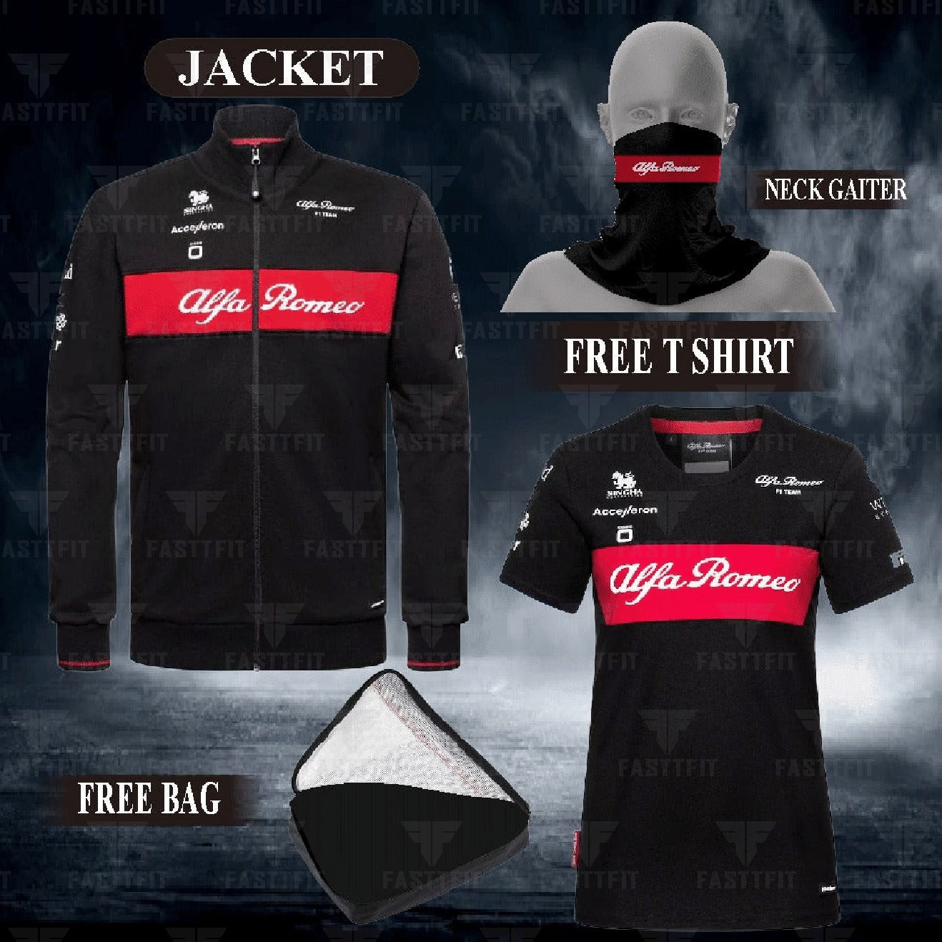 2024 Alfa Romeo F1 jacket, F1 free t-shirt, and free neck gator