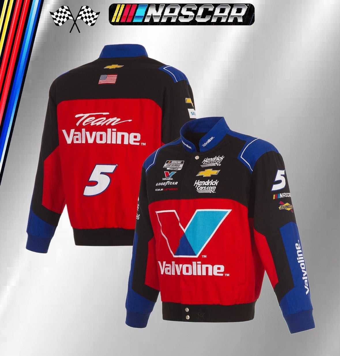 JH Design Black/Red Kyle Larson Valvoline Driver Uniform Full-Snap Racing Jacket (FREE T-shirt, FREE Bag)