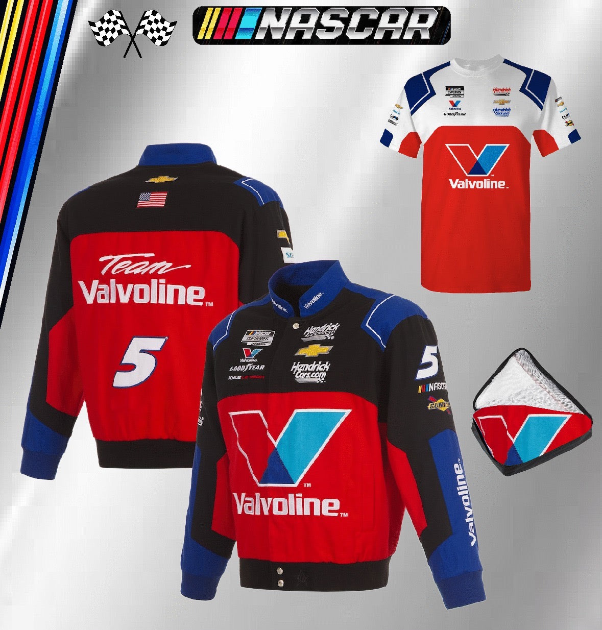 JH Design Black/Red Kyle Larson Valvoline Driver Uniform Full-Snap Racing Jacket (FREE T-shirt, FREE Bag)