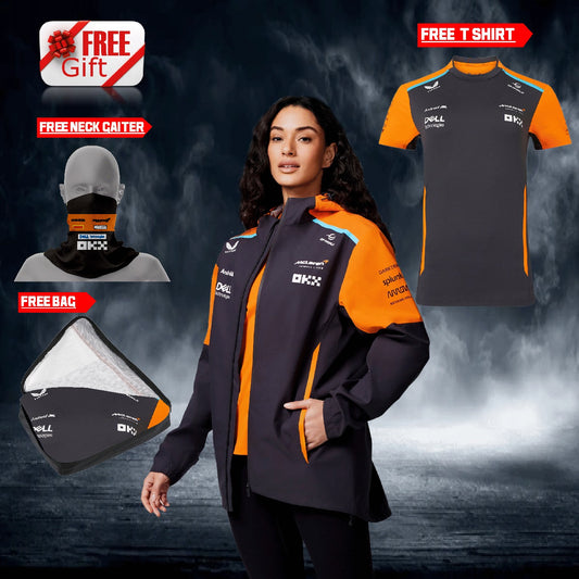 2024 McLaren women F1 jacket, F1 free t-shirt, and free neck gator