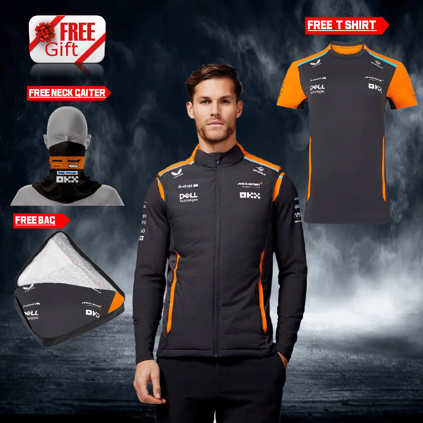 2024 McLaren F1 jacket, F1 free t-shirt, and free neck gator