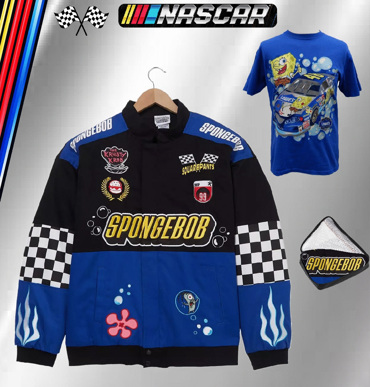 SpongeBob SquarePants Mrs. Puff's Boating School Racing Jacket Driver Uniform Full-Snap Jacket (FREE T-shirt, FREE Bag)