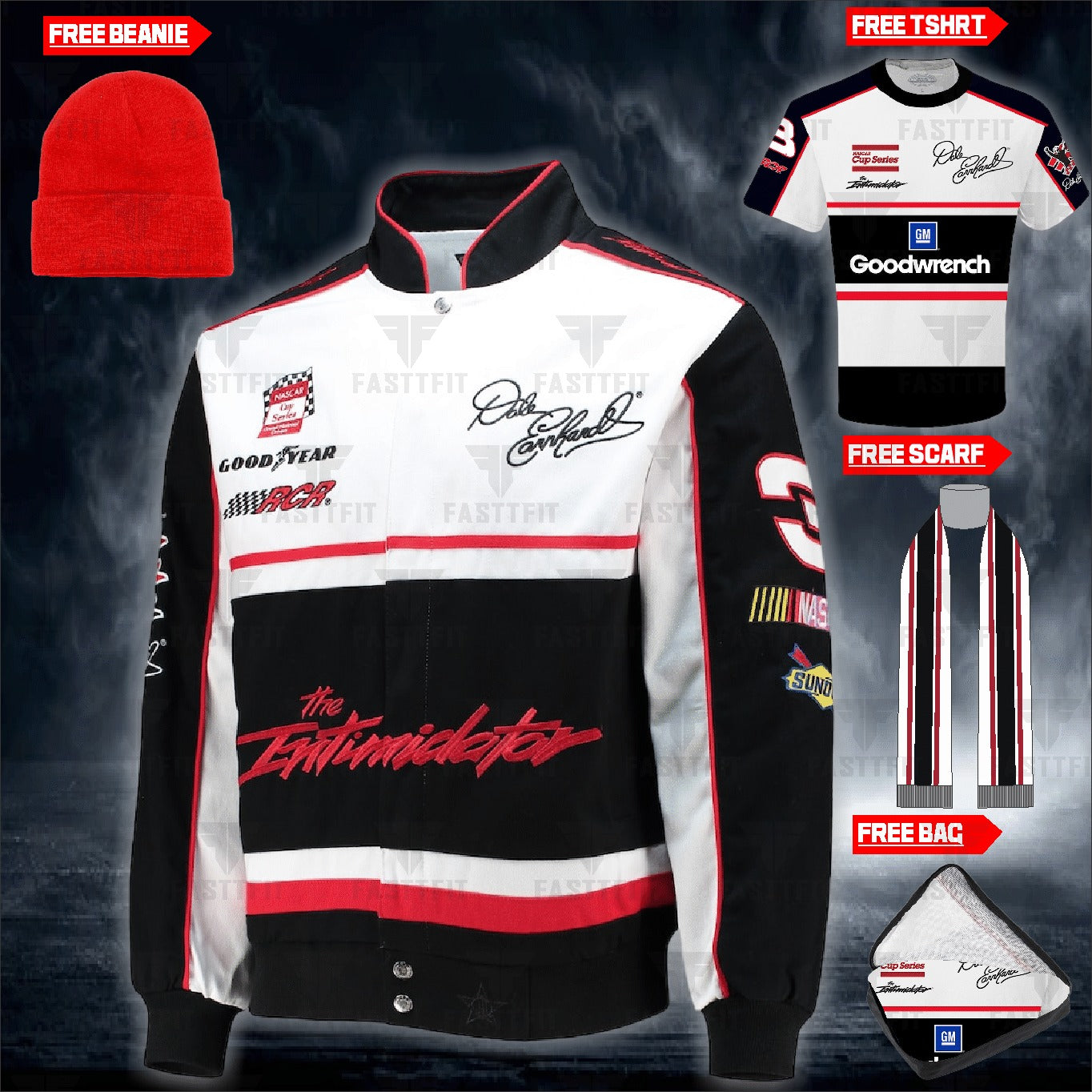 Dale Earnhardt JH Design Black/White Twill Uniform Full-Snap Jacket (FREE T-shirt, FREE Beanie Cap, FREE Scarf, FREE Bag)