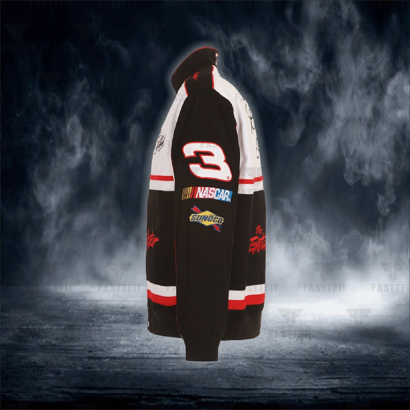 Dale Earnhardt JH Design Black/White Twill Uniform Full-Snap Jacket (FREE T-shirt, FREE Beanie Cap, FREE Scarf, FREE Bag)