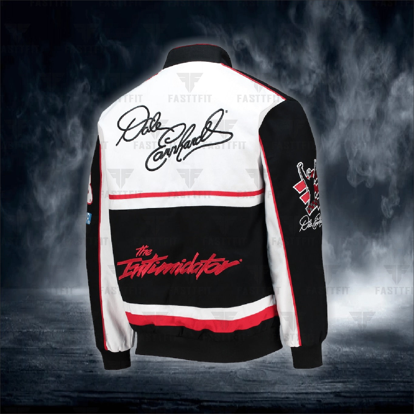 Dale Earnhardt JH Design Black/White Twill Uniform Full-Snap Jacket (FREE T-shirt, FREE Beanie Cap, FREE Scarf, FREE Bag)