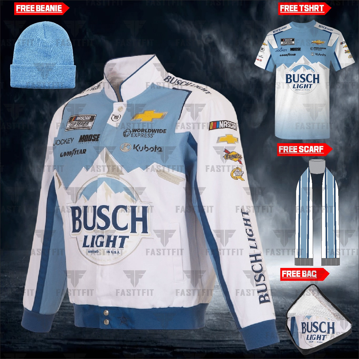 Ross Chastain JH Design White Busch Light Twill Driver Uniform Full-Snap Jacket (FREE T-shirt, FREE Beanie Cap, FREE Scarf, FREE Bag)