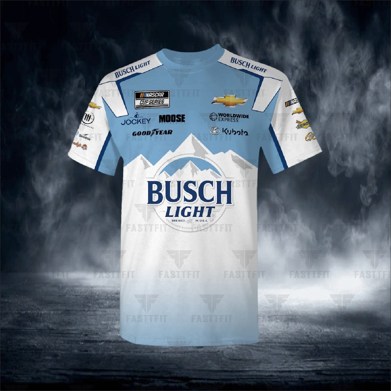 Ross Chastain JH Design White Busch Light Twill Driver Uniform Full-Snap Jacket (FREE T-shirt, FREE Beanie Cap, FREE Scarf, FREE Bag)