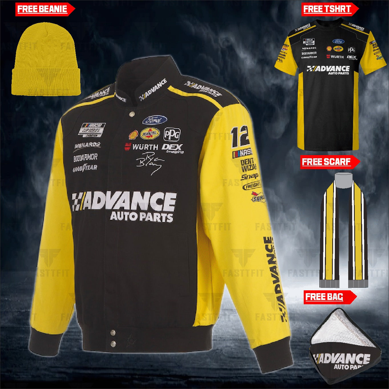 Ryan Blaney JH Design Black/Yellow Advance Auto Parts Twill Driver Uniform Full-Snap Jacket (FREE T-shirt, FREE Beanie Cap, FREE Scarf, FREE Bag)