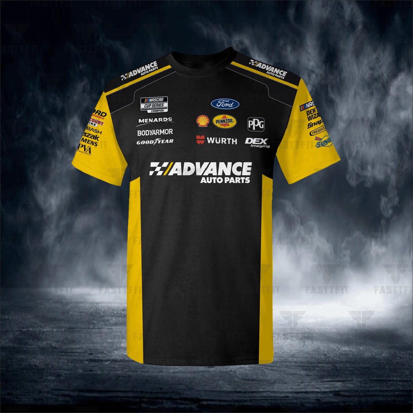 Ryan Blaney JH Design Black/Yellow Advance Auto Parts Twill Driver Uniform Full-Snap Jacket (FREE T-shirt, FREE Beanie Cap, FREE Scarf, FREE Bag)