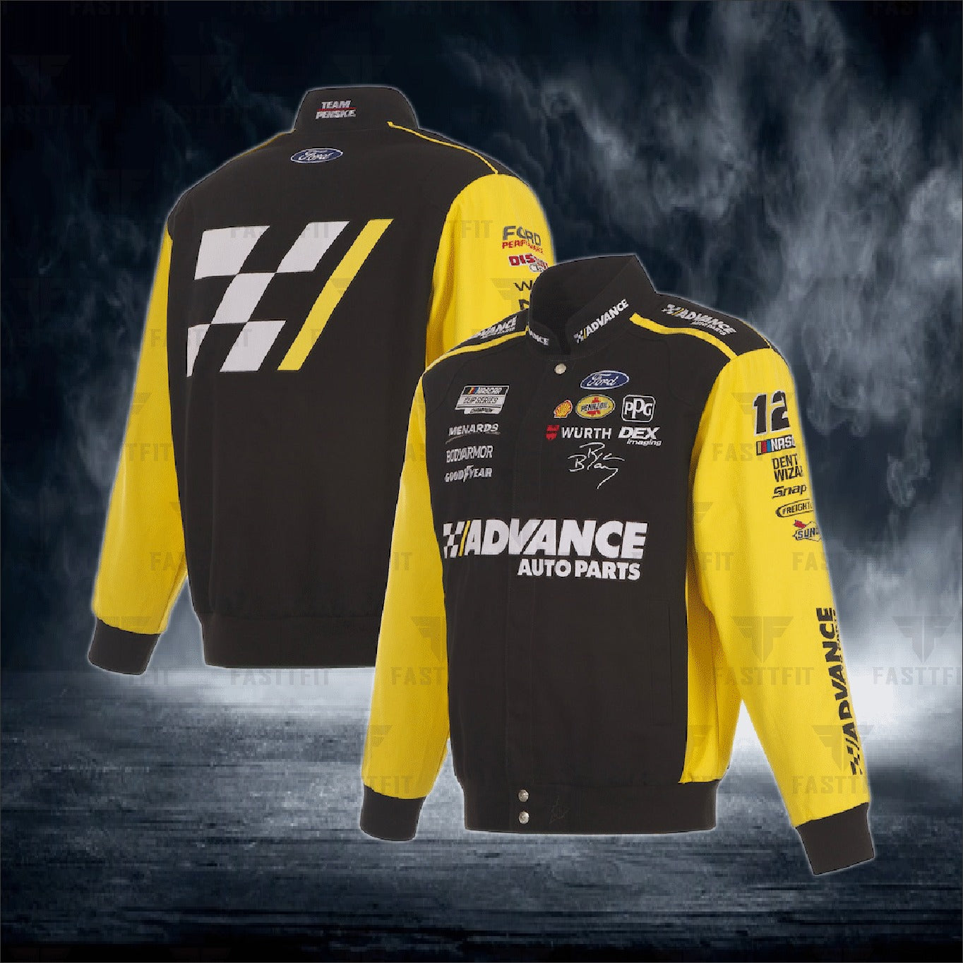 Ryan Blaney JH Design Black/Yellow Advance Auto Parts Twill Driver Uniform Full-Snap Jacket (FREE T-shirt, FREE Beanie Cap, FREE Scarf, FREE Bag)