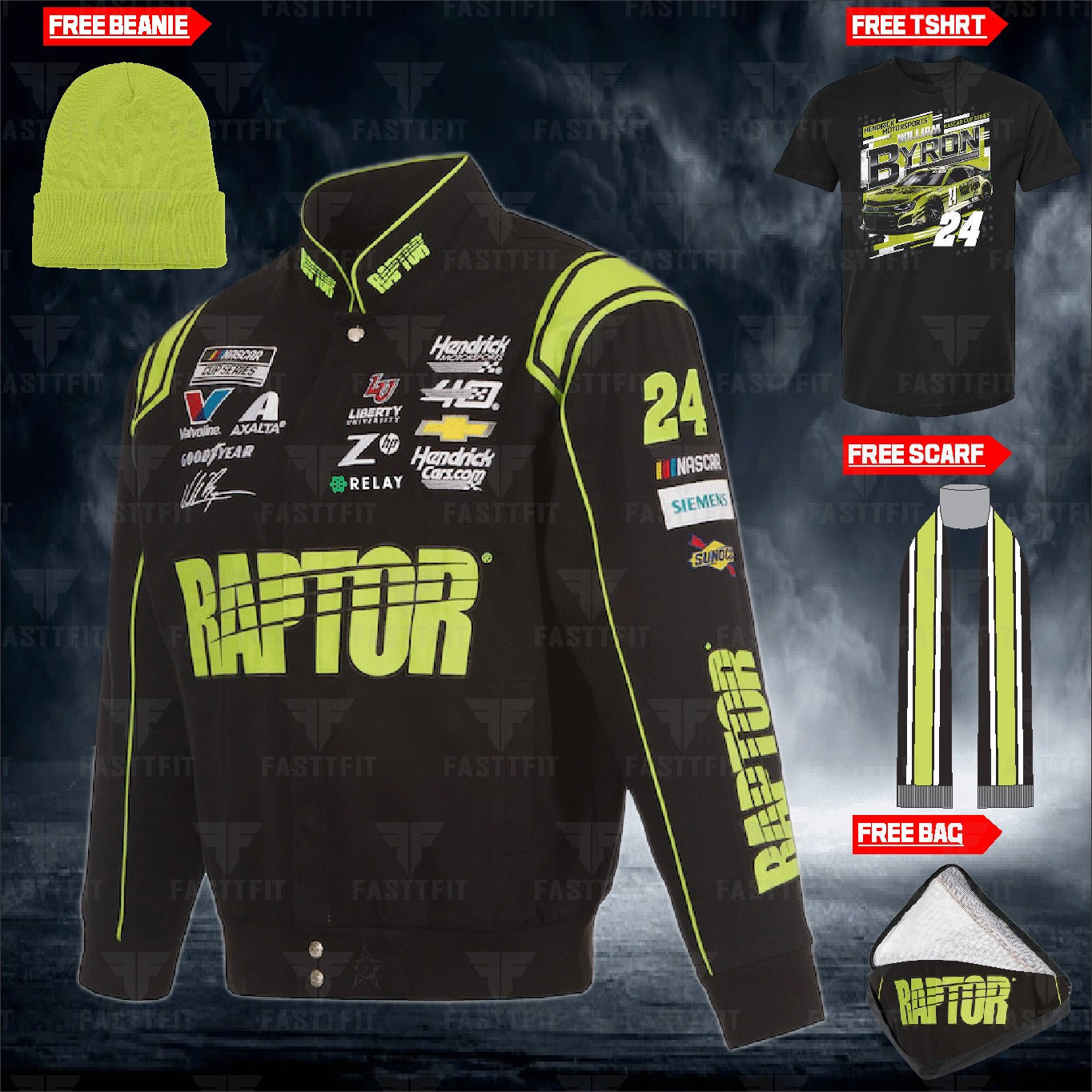 William Byron JH Design Black RAPTOR Twill Driver Uniform Full-Snap Jacket (FREE T-shirt, FREE Beanie Cap, FREE Scarf, FREE Bag)