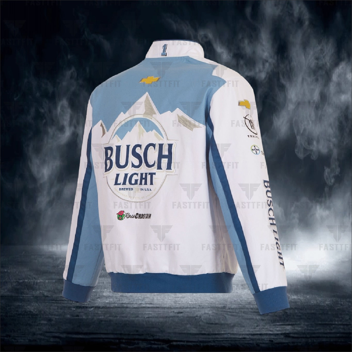 Ross Chastain JH Design White Busch Light Twill Driver Uniform Full-Snap Jacket (FREE T-shirt, FREE Beanie Cap, FREE Scarf, FREE Bag)