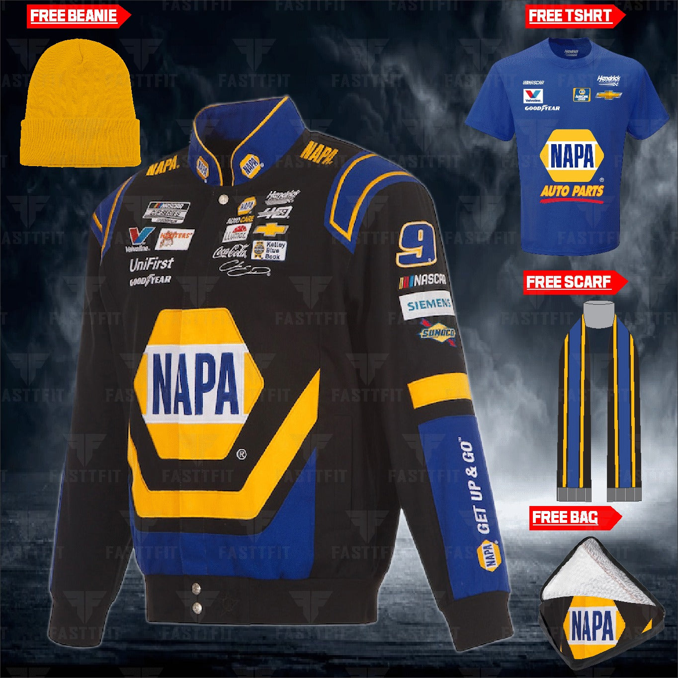 Chase Elliott JH Design Black NAPA Twill Driver Uniform Full-Snap Jacket (FREE T-shirt, FREE Beanie Cap, FREE Scarf, FREE Bag)