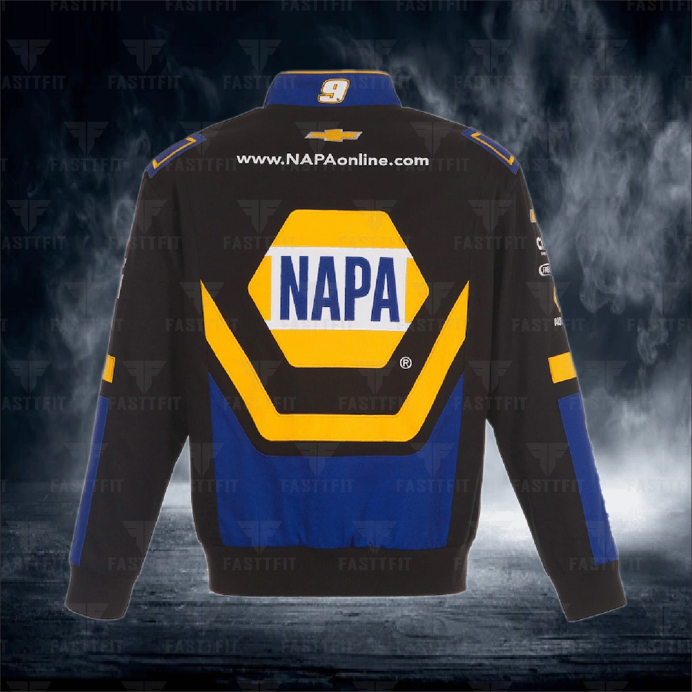 Chase Elliott JH Design Black NAPA Twill Driver Uniform Full-Snap Jacket (FREE T-shirt, FREE Beanie Cap, FREE Scarf, FREE Bag)